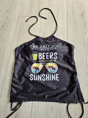 Graphic Tankini Swim Top Beers & Sunshine Black Halter Ruched Sides Size L🔥